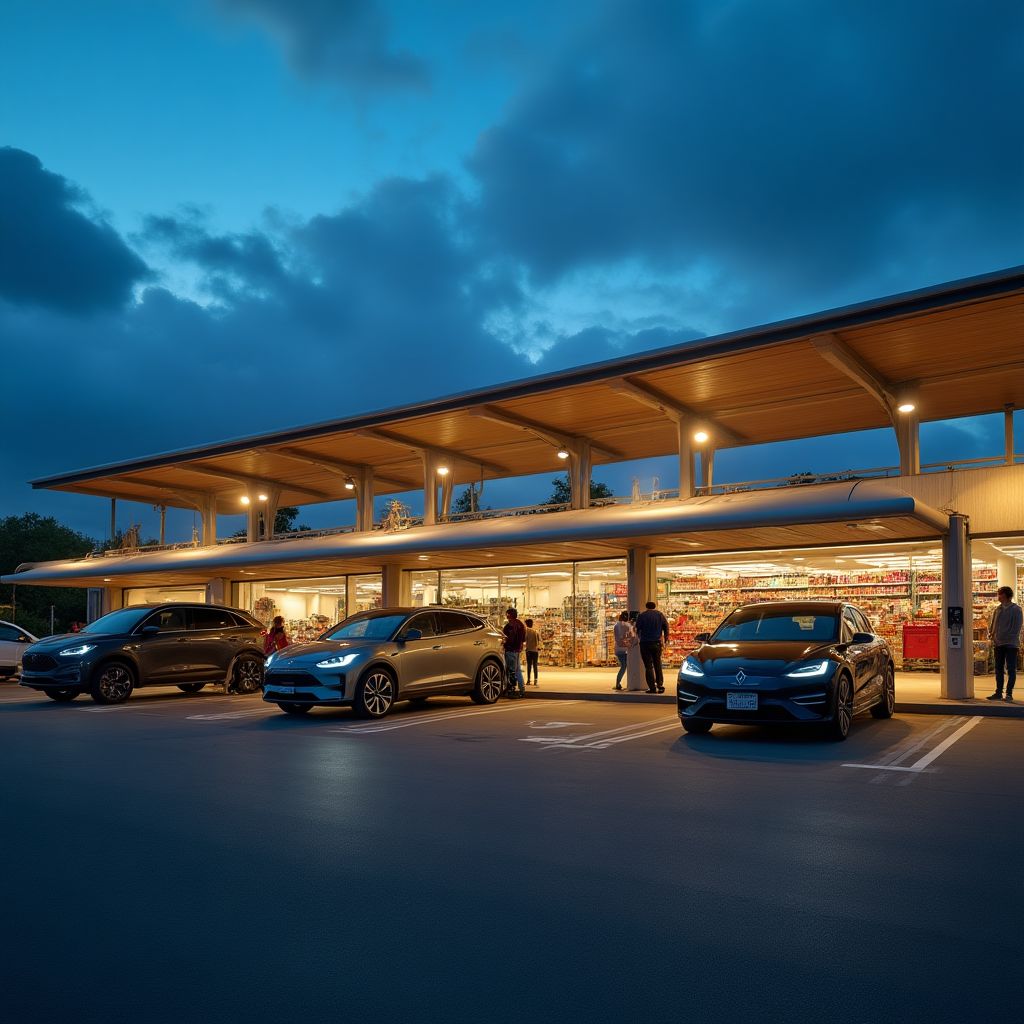 Estación de carga en un estacionamiento de supermercado
